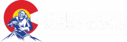 A logo featuring a stylized mountain and a person wearing a safety suit and helmet while operating blasting equipment. The design incorporates the colors of the Colorado state flag, with the word "COLORADO" above "PORTABLE BLASTING" in bold letters.