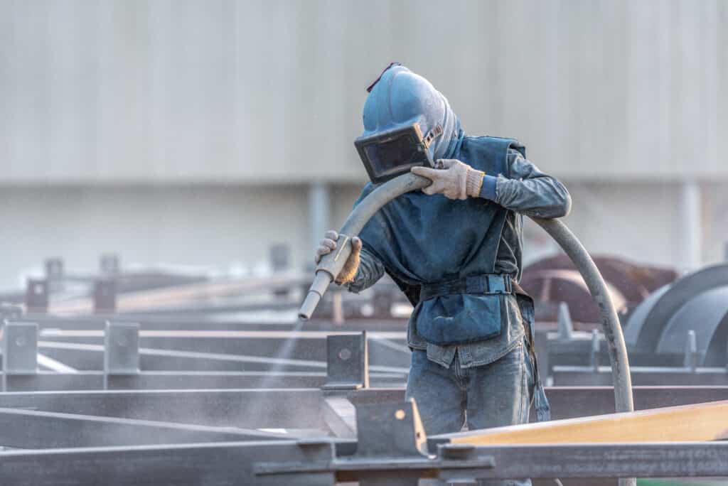 Sand blasting process, Industial worker using sand blasting process preparation cleaning surface on steel before painting in factory workshop.