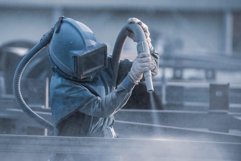Sand blasting process, Industial worker using sand blasting proc