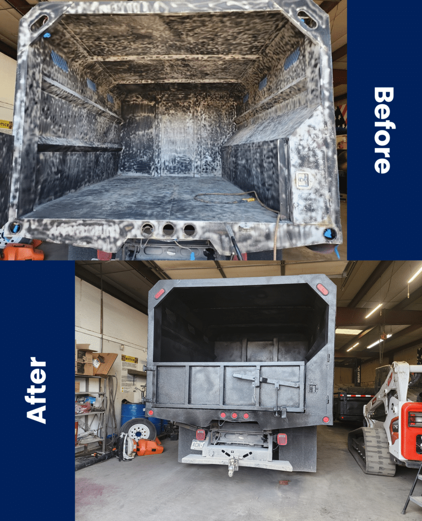 Group 3 Before-and-after view of Industrial Machinery Sandblasting on a large metal truck bed, showing a worn, rusted interior above and a cleaned, primed exterior below in a workshop.